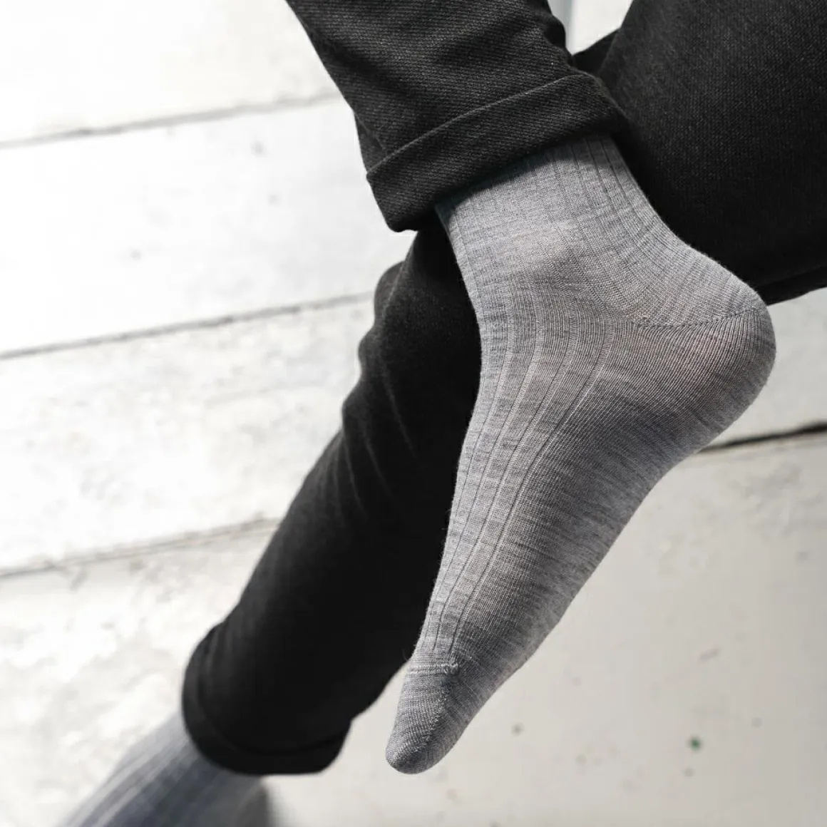 Steven ~ Merinowolle Socken 3er Set ~ Light Grey Melange gerippt